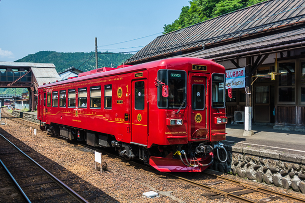 A Nagara River Railway train pauses at Gujo hachiman Station